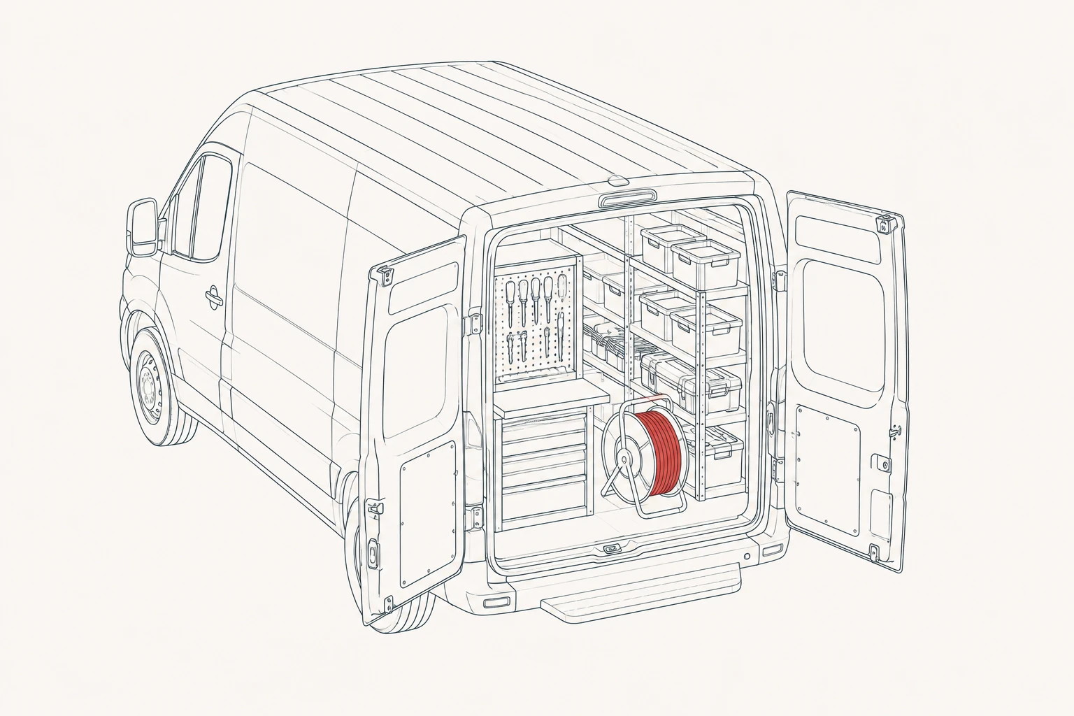 The back of a works van standing open, showing racked tools, parts boxes and a coiled cable drum