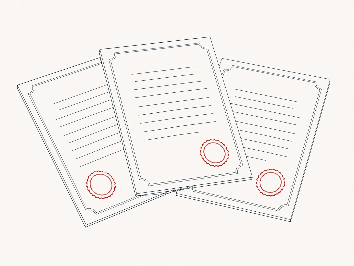 Three certificate documents fanned out, each carrying an embossed seal