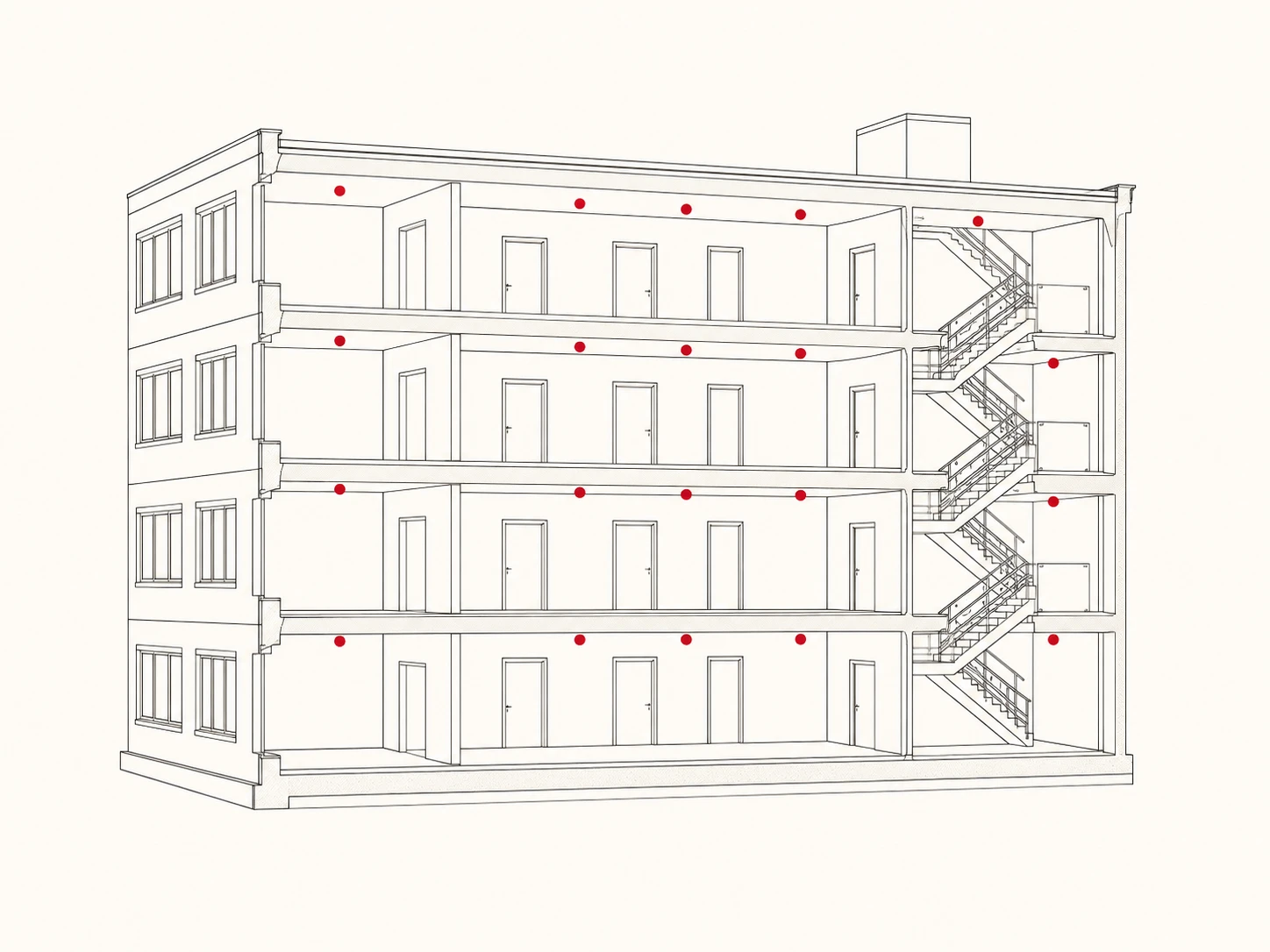 Cutaway of a four-storey building with detector positions marked on each floor, in the escape route and in the rooms opening onto it