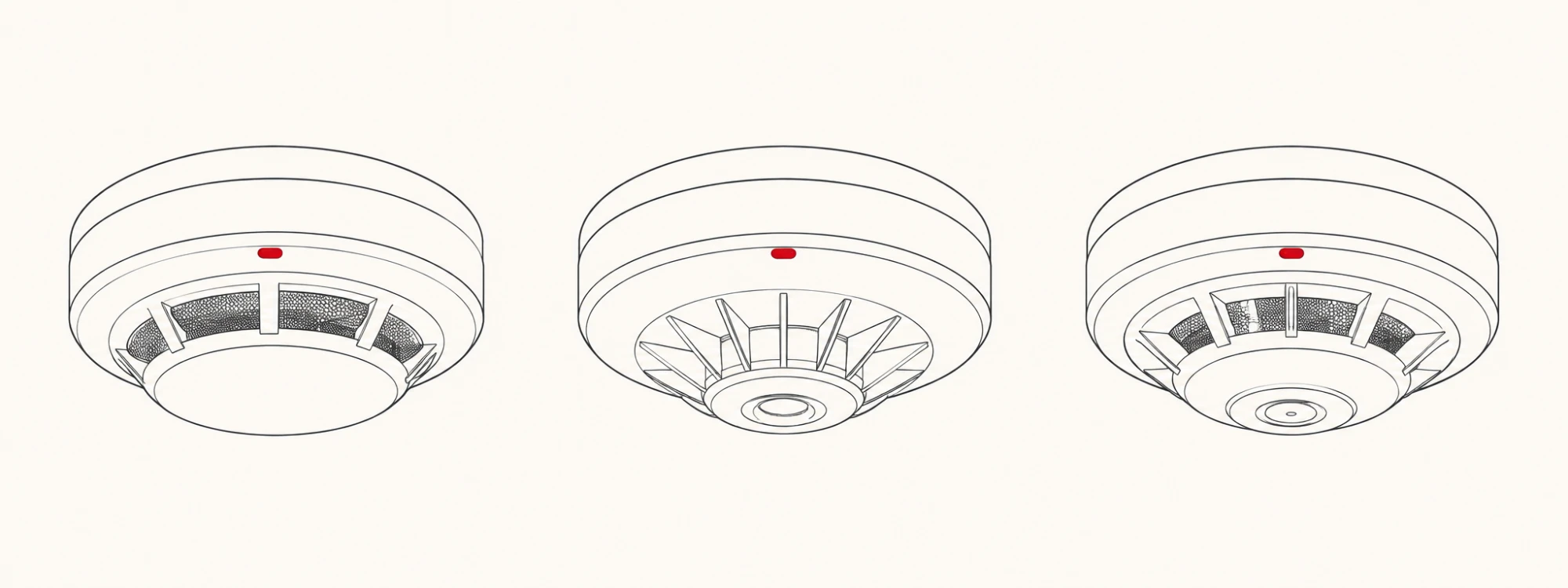 Three ceiling detectors side by side: optical smoke, heat and multi-sensor