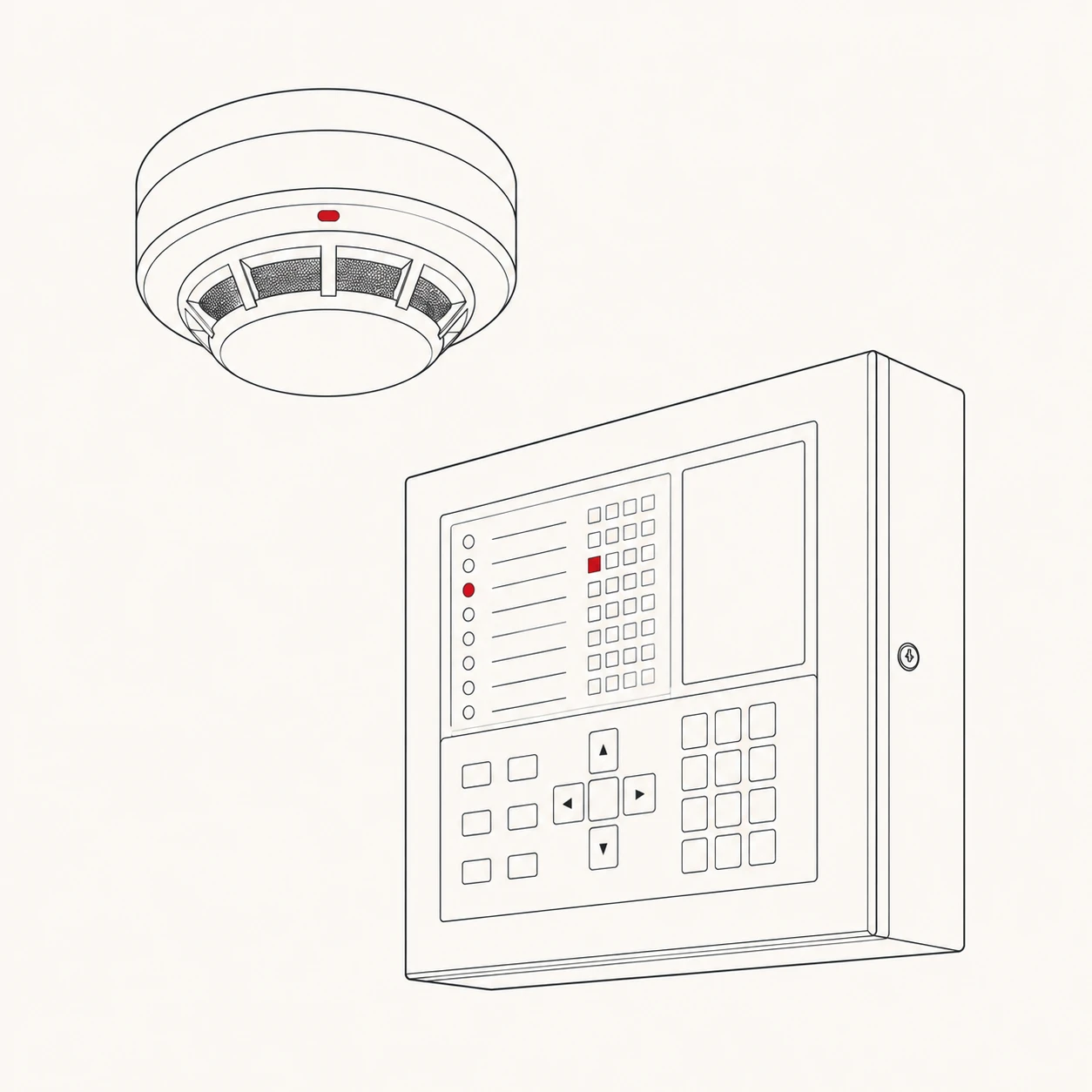 A ceiling smoke detector and a wall-mounted fire alarm control panel, drawn as a technical line illustration