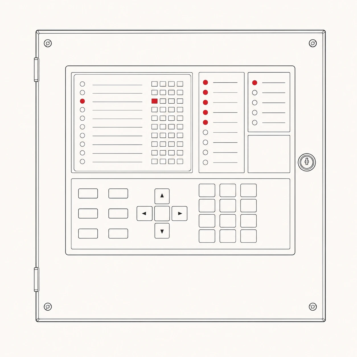 A fire alarm control panel with zone indicators and a fault lamp lit
